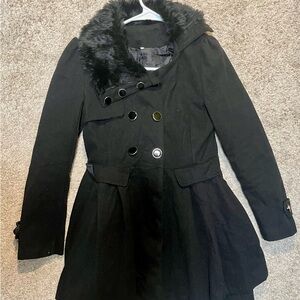 Zara Black Pea Coat with Faux Fur Collar
